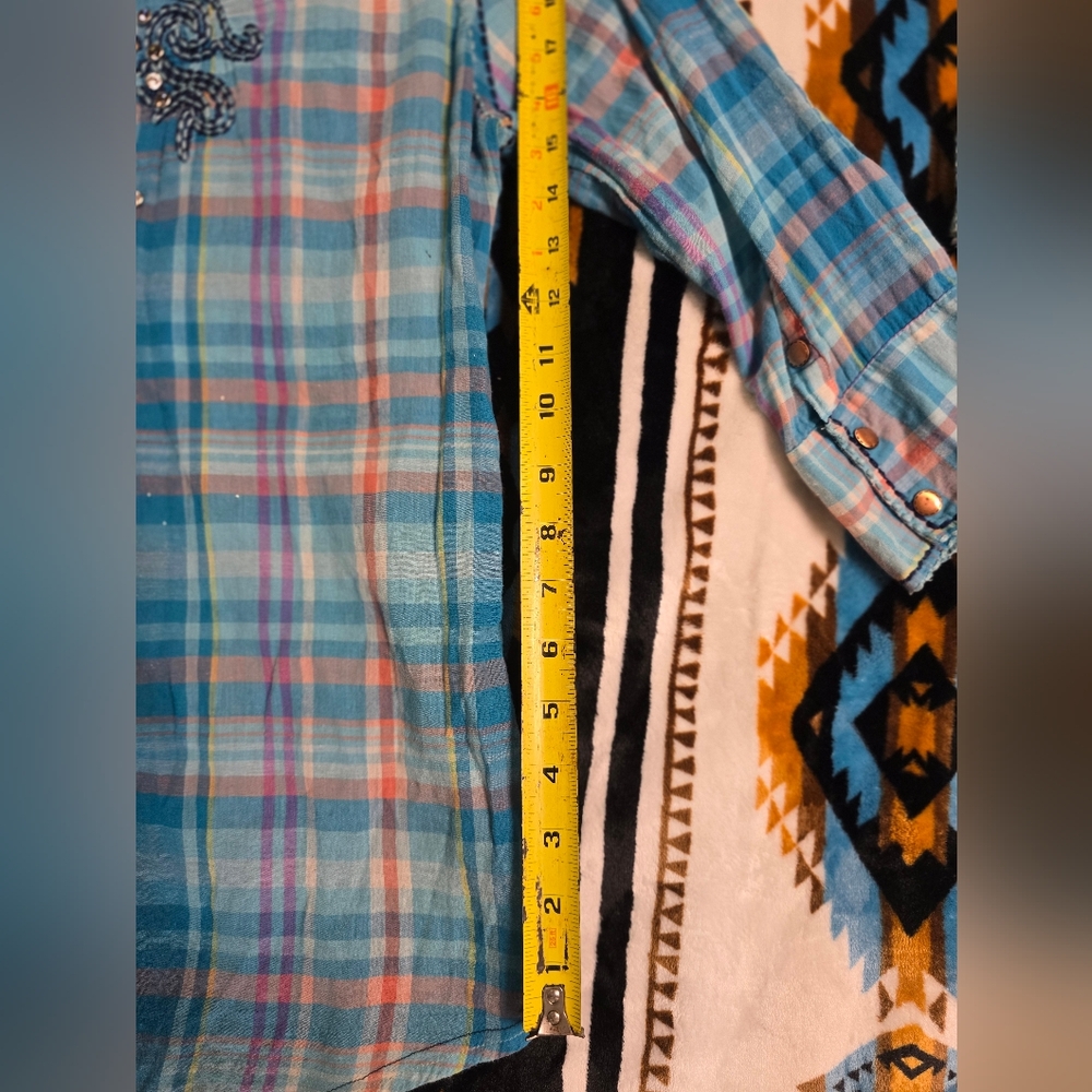 Roar Blue Plaid Button-Up Shirt with Embroidery And Riverts, Size M - Picture 9 of 13